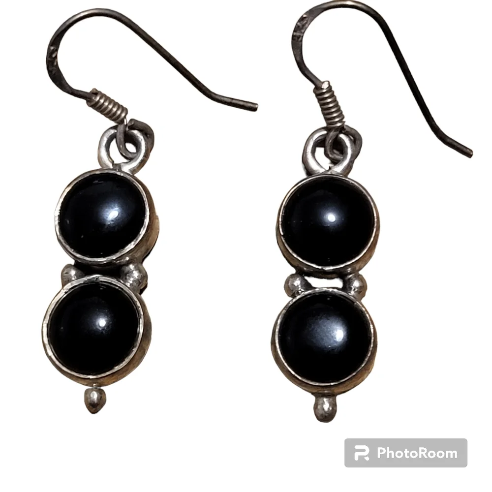 Vintage silver plated black onyx stone dangle earrings - Picture 1 of 5